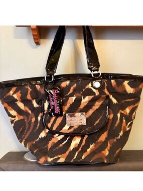 Betsey Johnson Brown Black Tan Tiger-Print Tote EUC